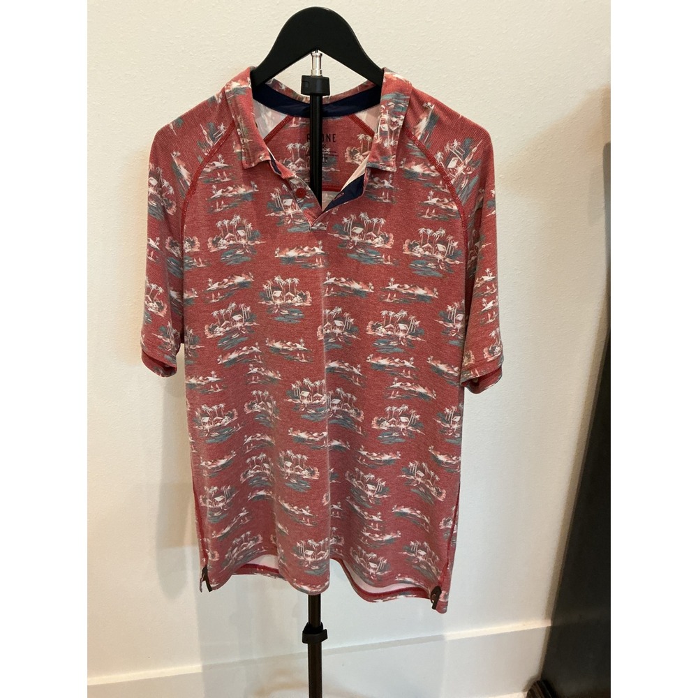 Rhone Mens XL Tropical Island Palm Tree Print Polo Shirt Red Waffle Knit Raglan